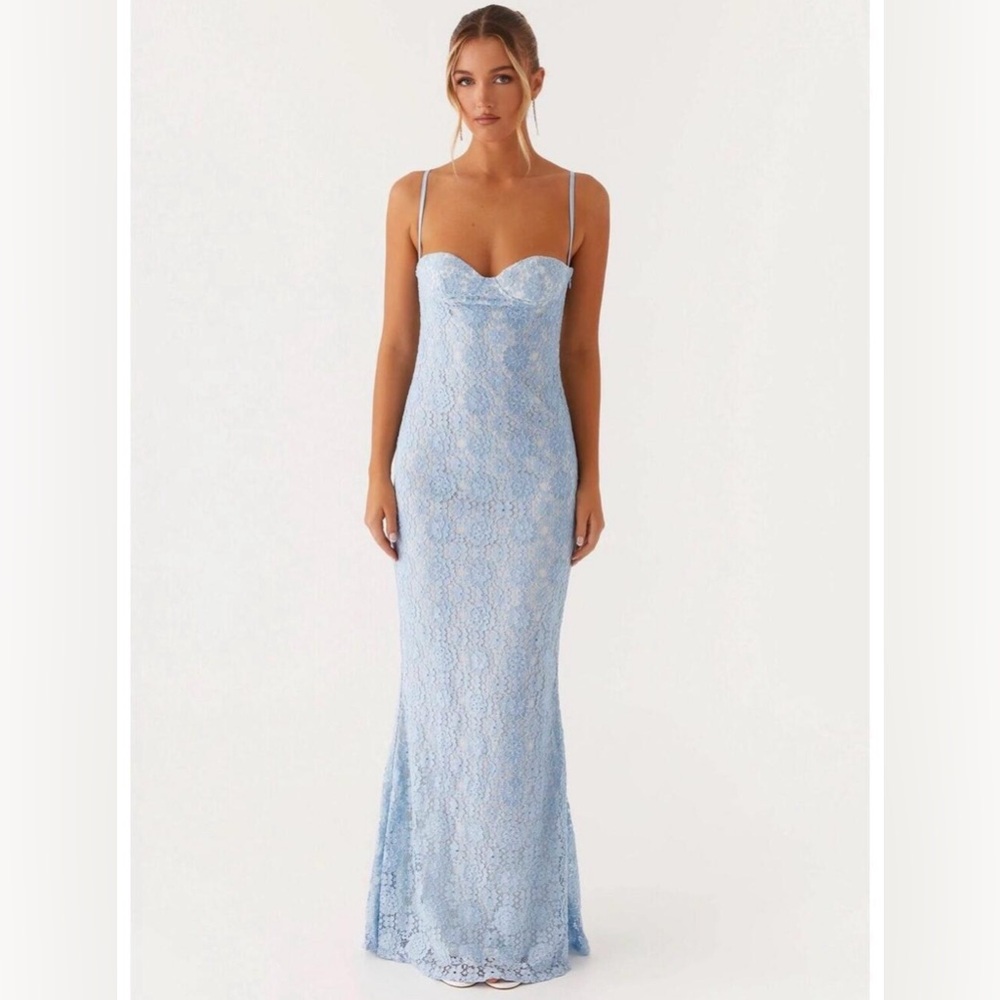 Peppermayo baby blue lace maxi dress